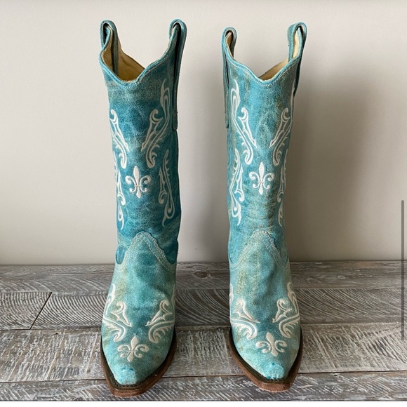 Corral-Turquoise Cortez/Cream Aged Leather Snip Toe Western Boots (Size:7.5) - Picture 5 of 11